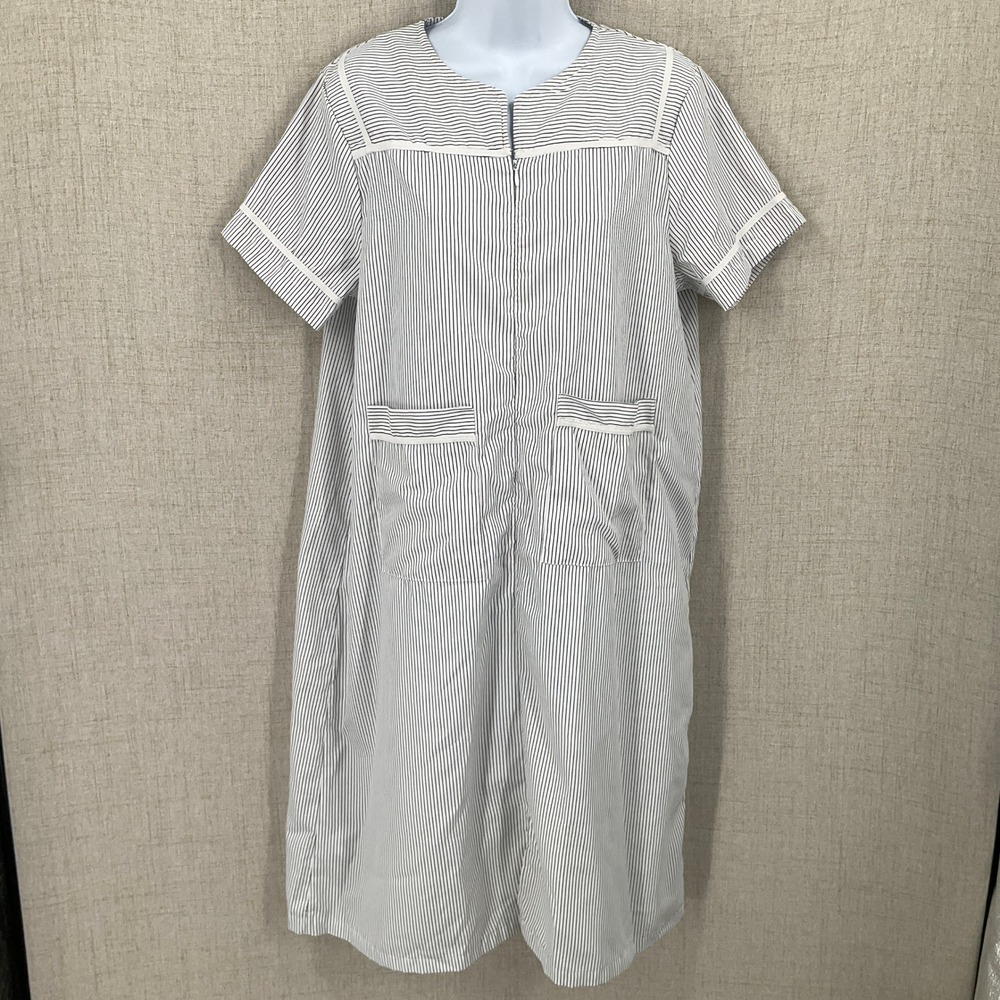Ekouaer House Dress Women Large White Black Polyester Striped Zip Front Pocket
